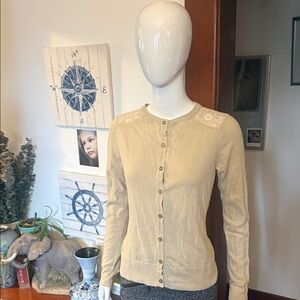 George size medium hundred % cotton open lace back Beige Button-Up Cardigan